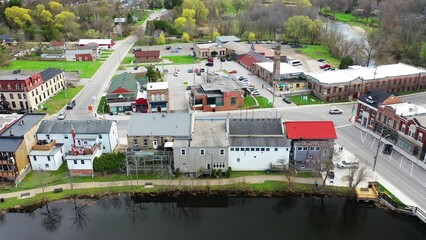 Wall Mural - Aerial view of downtown Ayr, Ontario, Canada in spring 4K