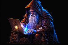 Old Fictional Wizard Using A Laptop Computer