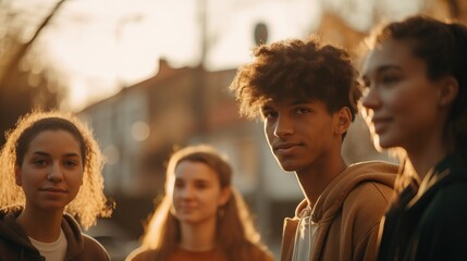 Group of teenage friends looking friendly at the camera