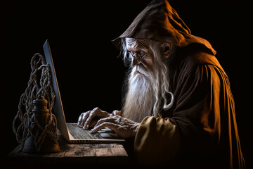 Wall Mural - old fictional wizard using a laptop computer