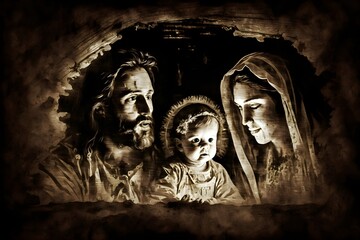 Wall Mural - Wallpaper Illustration and background of Jesus, Mary and Joseph, holy family. Front view. Concept of religion, belief and faith . Generative AI.