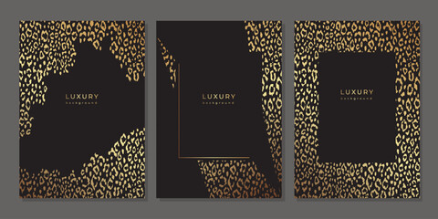 Set of luxury templates with golden leopard skin texture. Gold and black leopard pattern. Design with animal print for cover, poster, flyer