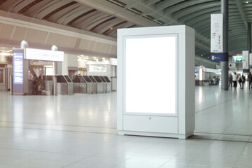 At the airport kiosks buzz with travelers anxious to start their next social journey. Blank empty billboard mock up. AI generation.