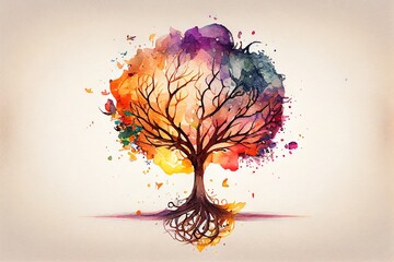 Wall Mural - Watercolor Illustration of a Tree Of Life In The Light, Illustration. Generative AI