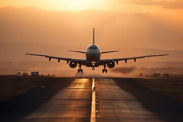 Wall Mural -  a large jetliner taking off from an airport runway at sunset or dawn with the landing gear down and the landing gear down, as the plane is about to take off.  generative ai