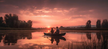 From Behind,A Couple In Love Look At Beautiful Sunset In A Rowing Boat On The Lake. Pink Sky And Vanilla Clouds,Generative AI