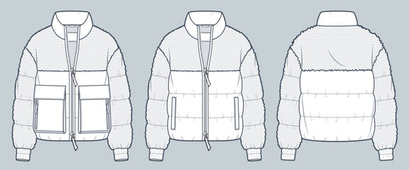 Poster - Down Jacket with fur trim technical fashion Illustration. Fur Jacket, Outerwear technical drawing template, zip-up, pocket, front and back view, white, women, men, unisex CAD mockup set.