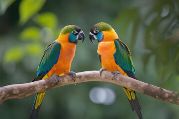 Sitting on a tree branch with their beaks open, two vivid birds appear to be exchanging a curious conversation. Imagine what they might be discussing and how their dialogue leads. Generative Ai