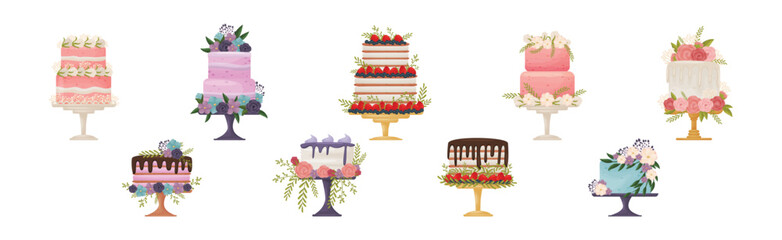 Sticker - Creamy Tier Cake Decorated with Flowers and Berries Standing on Pedestal Cake Plate Vector Set