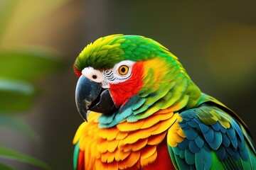 Suriname amazon parrot in the treetops in a tropical rainforest, bright flowers and leaves, exotic plants, vines. Wildlife concept of ecological environment. Generative AI