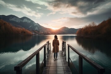  a person standing on a dock looking at the water and mountains in the distance with a sunset in the background and a person standing on the end of the dock.  generative ai