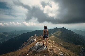 Wall Mural -  a woman standing on top of a mountain with a view of a valley below her and clouds in the sky above her, looking down at the mountains.  generative ai