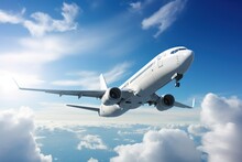  A Large Jetliner Flying Through A Blue Sky With White Clouds Below And A Bright Blue Sky With White Clouds Behind It And A Blue Sky With White Clouds And Blue Sky With White.  Generative Ai