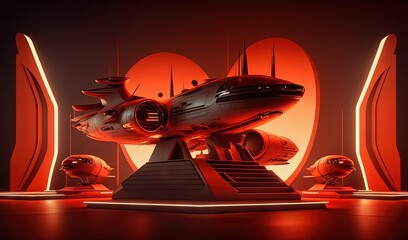 Wall Mural -  a model of a spaceship on display in a room with red lighting and a staircase leading up to the space shuttle in the center of the photo.  generative ai