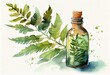 Watercolor Illustration of a Herb Essential Oil Aroma Bootle And Leaf. Generative AI