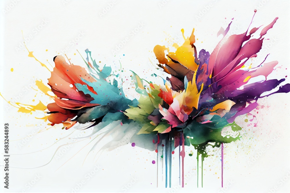 Watercolor Illustration of a Multicolored Flying Flowers Explode With ...