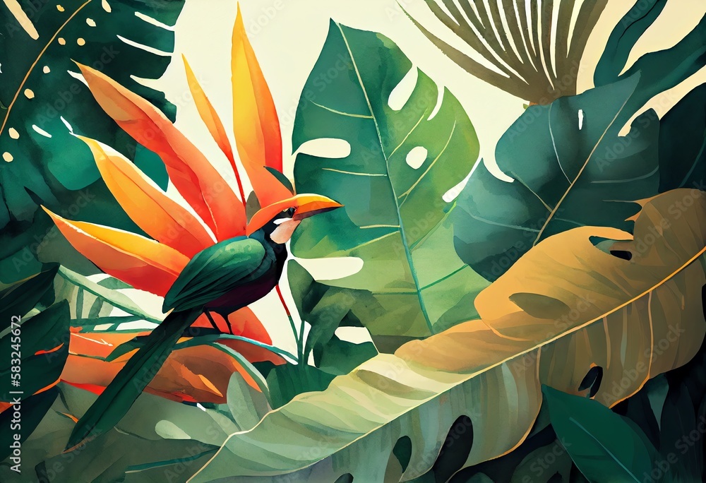 Watercolor Illustration of a Tropical Leaves With Bird Of Paradise ...
