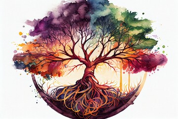 Wall Mural - Watercolor Illustration of a Tree Of Life In The Light, Illustration. Generative AI