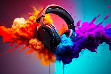 Canvas Print - Pair of headphones in front of colorful cloud of colored paint. Generative AI.