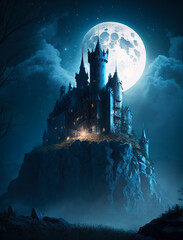 Canvas Print - Castle on top of hill with full moon in the background. Generative AI.