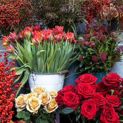 Wall Mural - Skimmia japonica, Holly, Hypericum red tulips, yellow roses, field herbs and dry asparagus on display for sale for home decoration for christmas. Bouquets in red colors. Square frame