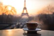 © pieter - Coffee in france outside with sunset, eifel tower in the background, Generative AI