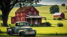 Farmhouse Landscape With An Old Pickup Truck. Generative AI.