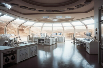 Wall Mural - futuristic interior of a laboratory or scientific station on a planet. created with generative ai te