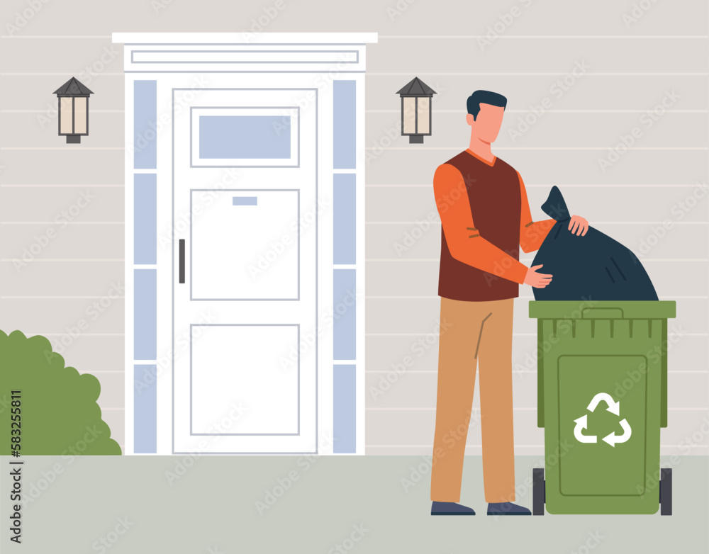 Man takes garbage and household waste to recycling bins. Black plastic bag for rubbish sorting. Green container. Environment care, zero waste. Vector cartoon flat ecological concept