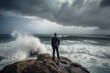 © Peter - Rear view of businessman standing on rock in the ocean facing oncoming waves, created with Generative AI