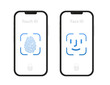Face scanning process. Facial detection symbols. Face recognition. Biometric verification. Touch id and face id icon on mobile devices. Flat design style. Vector illustration