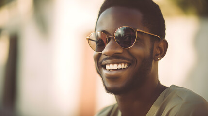 Handsome portrait of black man smiling. Afro American guy with sun glasses. Generative Ai