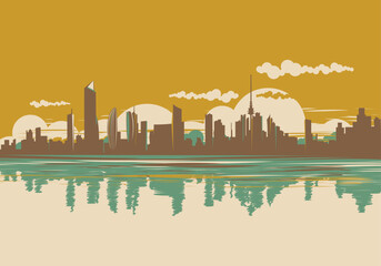 Modern Horizontal Panoramic Kuwait Skyline In Vintage Retro Poster Colors