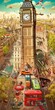 poster illustration of london, big ben clock tower city, messy and fantasy artwork