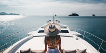 View From Behind Woman Relaxing On A Luxury Boat. Generative Ai