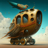 Fototapeta Sypialnia - A mechanical vehicle, an illustration of a surreal bird with a mechanical structure. Generative AI