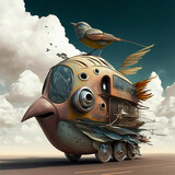 Fototapeta Kwiaty - A mechanical vehicle, an illustration of a surreal bird with a mechanical structure. Generative AI