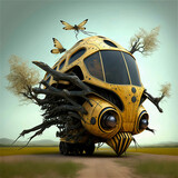 Fototapeta Sypialnia - A mechanical vehicle, an illustration of a surreal bee with a mechanical structure. Generative AI