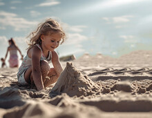 Young Girl Playing In The Sand At The Beach Room For Text