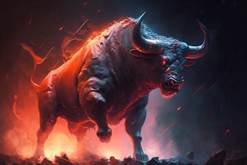 Wall Mural - a ruthless rush of the strong scarlet bull generative ai