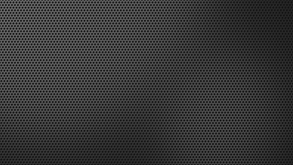 Perforated dark metal plate with hexagon holes. Dark speaker grill pattern. 3D rendered image.