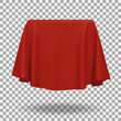 Red fabric covering a cube or rectangular shape with shadow. Can be used as a stand for product display, draped table. Vector illustration
