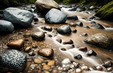 Pebbles On Wet Stones And Stream Of Water Summer Vibes , Generative AI