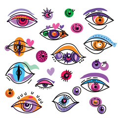 Set of various hand drawn doodle icon set eyes Collection of evil, ra, turkish, greek and esoteric  evil eye different shapes Gold evil Vector flat art illustration.