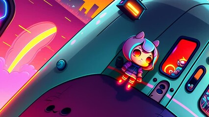 Wall Mural - Journey Through an Adorable Neon City with Chibi Inhabitants. Cute Characters, Vehicles, and Buildings in a Nighttime Cityscape. [Kawaii Cartoon / Anime / Manga / Fantasy Animation Clip]