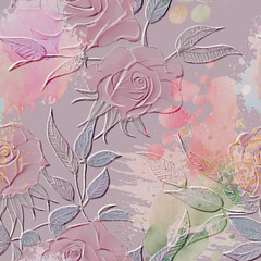 Sticker - Roses flowers textured 3d seamless pattern. Floral embossed dirty background. Colorful watercolor backdrop. Line art rose flowers, leaves, splatters, splashes. Hand drawn surface emboss rose ornament