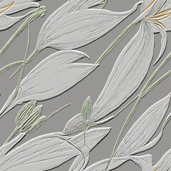 Wall Mural - White Tropical exotic flowers textured 3d seamless pattern. Floral embossed background. Grunge modern backdrop. Line art  flowers, leaves. Abstract hand drawn surface tropic plants 3d ornaments