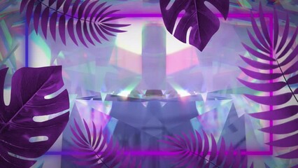 Canvas Print - Animation of purple leaves and neon frame over glowing crystals