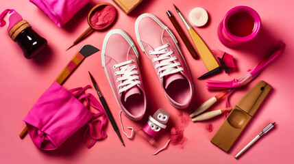 Pink sneakers, makeup brushes and other items on pink background. Generative AI.