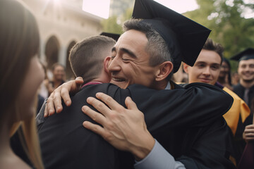 Poster - Proud and happy son congratulates his senior father with his graduation and hugs his tightly. AI generative image